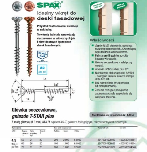 WKRĘT FASADOWY (100) A2 TX 4.5*60MM PODWÓJNY GWINT