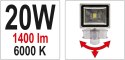 REFLEKTOR DIODOWY Z CZUJNIKIEM RUCHU 20W