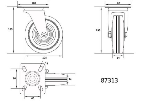 KÓŁKO SKRĘTNE Z CZARNĄ GUMĄ 125MM