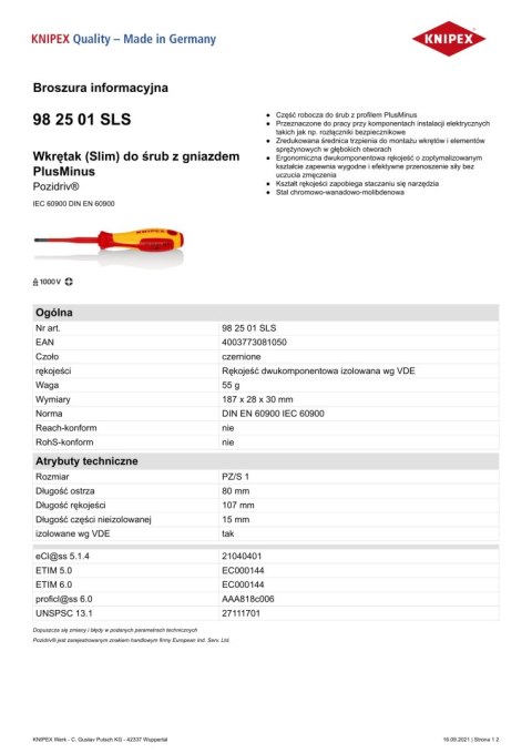 WKRĘTAK POZIDRIV SLIM IZOLACJĄ 80 MM PZ1