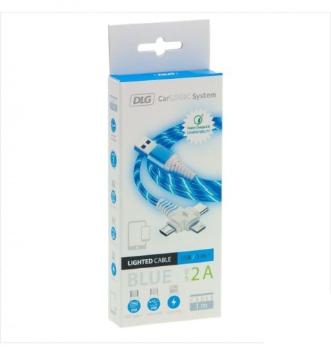 UNIW. KABEL USB A - IPHONE/USB C/ MICRO USB, 2A 1M LED BLUE