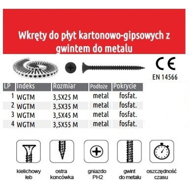 WKRĘTY NA TAŚMIE 3.5*35MM PŁYTA GK-PROFIL METAL/FOSFAT/PH2